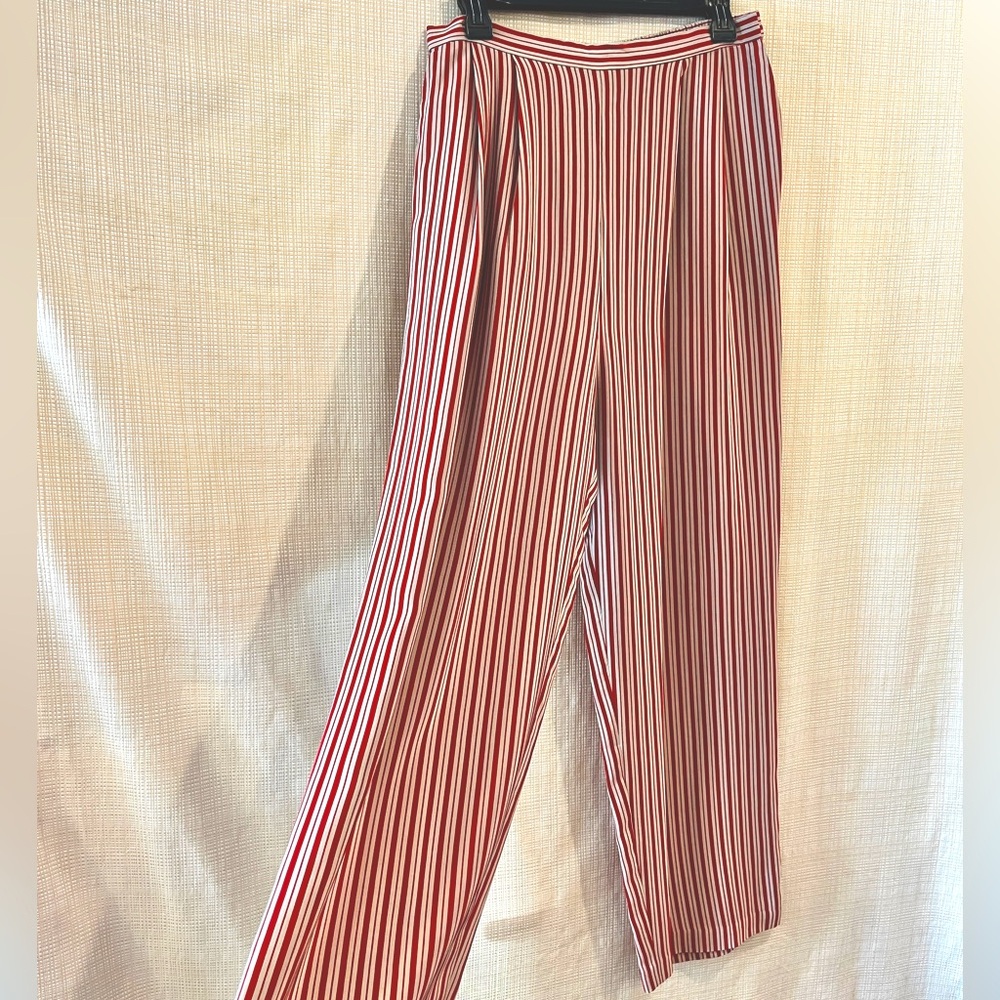 100% Silk Striped High Rise Relaxed Pants Red and Tan Vintage 90s Minimalist - Picture 5 of 16